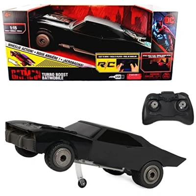 Image of DC Comics, The Batman Turbo Boost Batmobile, Remote Control Car with Official Movie Styling Kids Toys for Boys and Girls Ages 4 Up