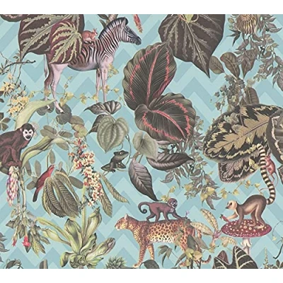 Image of Michalsky Living Jungle Joy 379904 Non Woven Wallpaper Change is Good Tropical Blue Colourful Green Matte Smooth