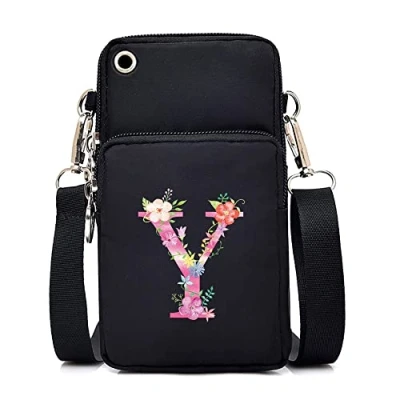 Image of FINDING CASE initial letter Printed Women Girls men Zipper Waterproof Nylon 3 Layers Crossbody Bags Wallet Cellphone Purse Shoulder Bag Wristlet Handbags Adjustable Strap (pink Y)