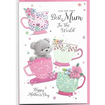 Image of Mothers Day Card For Mum 23 x 15 Cm (9 6 inches) The Very Best In World Happy Mother&#039;s Cups Cute