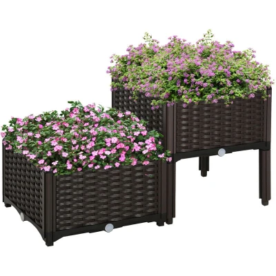 Image of Outsunny Set of 2 26L Garden Raised Bed Elevated Patio Flower Plant Planter Box PP Vegetables Planting Container, Brown