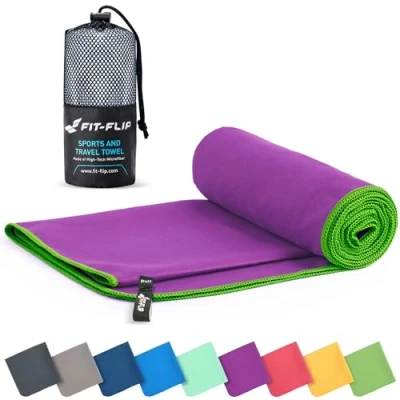 Image of Fit Flip Microfibre towel compact, ultra lightweight &amp; quick dry the perfect gym, travel beach swimming for sports, camping hiking (70x140cm pruple green + bag)