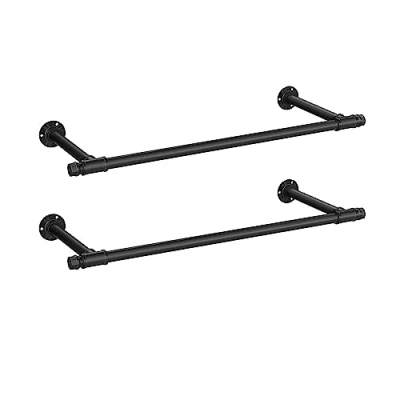 Image of SONGMICS Wall Mounted Clothes Rail Set of 2, Hanging for Clothes, Industrial, Space Saving, 30 x 84 7 cm, 60 kg Load Capacity, Easy Assembly, Steel, Black HSR140B02