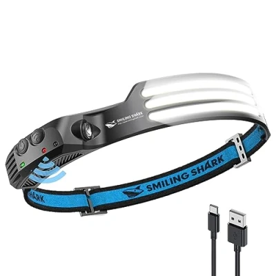 Image of Smiling Shark LED Headlamp, 230Wide Angle 3*White Light Strips The Brightest Head Lamp Rechargeable with Motion Sensor Waterproof Headlight for Camping Hiking Outdoor, Frontale