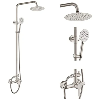 Image of Outdoor Shower Fixture SUS304 Faucet Combo Set Stainless Steel 8 Rainfall Head High Pressure Hand Spray Wall Mount 2 Dual Function Brush Nickel Single Handle