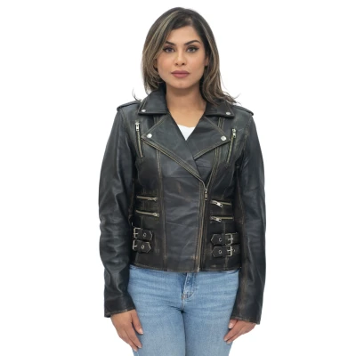 Image of Ladies Retro Black Rub Off 100% Nappa Leather Biker Jacket 2XL
