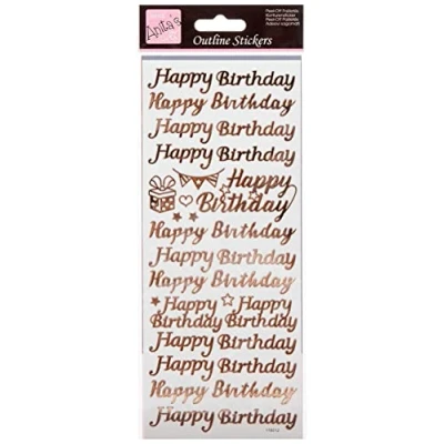 Image of Anitas Outline Stickers, Happy Birthday, Rose Gold on White, For Scrapbooking, Card Making, Kids Play, Homework, Art, Craft, Embelish, Decorative, Paper, Card, Glass, Metal, Plastic, Foam