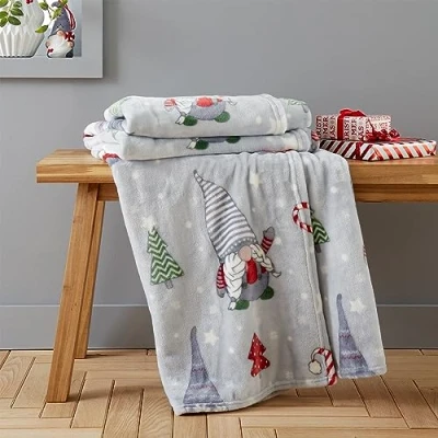Image of Catherine Lansfield Christmas Gnomes Fleece Cosy 130x170cm Blanket Throw Grey