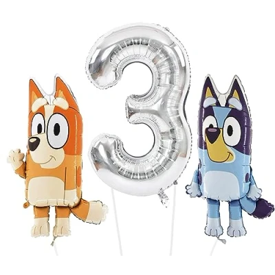 Image of Toyland® Bluey &amp; Bingo Foil Balloon Pack 2 x 80cm (32&quot;) Character Balloons 1 101cm (40&quot;) Spotty Number Kids Party Decorations