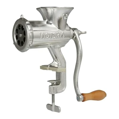 Image of Victoria GRN 113 Mi Manual Stuffer, Cast Iron Sausage Maker and Meat Mincer, Number 10, Table Clamp Mounted Grinder, Black