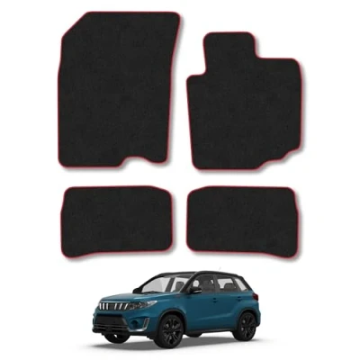 Image of Car Mats Compatible with Suzuki Vitara (2016+) Tailored Fit Red Trimmed Carpet Floor Mat Set Accessory Black Custom Fitted 4 Pieces Clips Anti Slip Backing &amp; Trim Edging