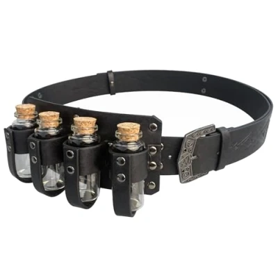 Image of HiiFeuer Medieval Embossed Alchemy Faux Leather Buckle Belt with 4 Cork Vials, Fantasy Wizard Potion Bottles LARP (Black A)