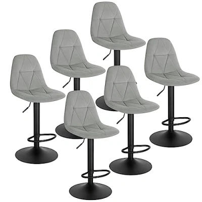 Image of Lestarain Bar Stools Set of 6 Adjustable &amp; Swivel Breakfast Kitchen Counter Pub Light Grey Soft Velvet Barstools Chairs Dining with Backs Footrest