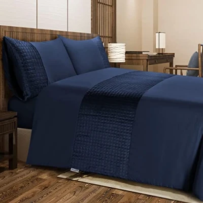 Image of Bronwen Mathews Double Duvet Cover Set Soft Microfibre with Quilted Square Velvet Band Quilt and 2 Pillowcases, Easy Care Wrinkle Free Bedding of 3 Pcs (Navy, Double)