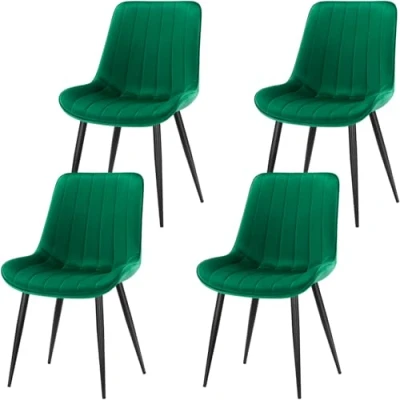 Image of LONGTOO Set of 4 Dining Chairs with Velvet Upholstered Seat &amp; Backrest,Stable Metal Legs,Modern Stripe Design,Green