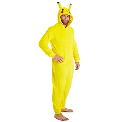 Image of Pokemon Pikachu Onesie, Mens Onesies Halloween Costumes, Fleece Adult Onesie (2XL) Yellow