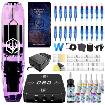 Image of POSEIDON Tattoo Gun Kit, Rotary Pen Kit with 20 PCS Cartridge Needles, Professional Machine Power Supply, 11 Color Inks Foot Pedal for Artists