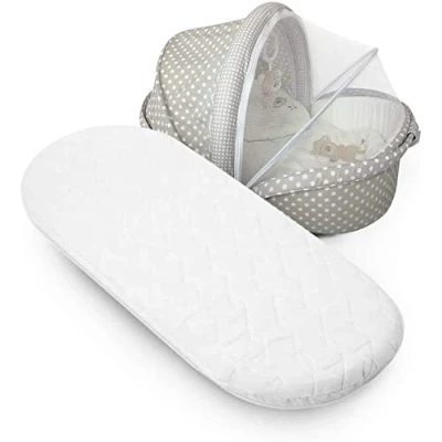 Image of Microfibre Hypoallergenic Moses Basket Mattress with Breathable Quilted Cover Washable, Thick and Comfortable Oval Shaped Foam Easily Fits Portable Baby Bassinets Pram (74 x 35 4cm)