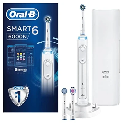 Image of Oral B Smart 6 Electric Toothbrushes For Adults, App Connected Handle, 3 Toothbrush Heads &amp; Travel Case, 5 Modes, Teeth Whitening, 2 Pin UK Plug, 6000N