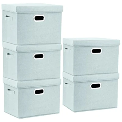 Image of TYEERS Large Storage Box with Lid, Collapsible, Washable, Fabric for Clothes, Wardrobe Storage, 44x30x29 cm, Set of 5, Aqua Spring