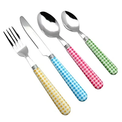 Image of EXZACT Cutlery Set 24pcs Stainless Steel with Gingham Check Coloured Handles 6 x Forks, Dinner Knives, Table Spoons, Tea Spoons (Mixed Color 24 pcs)