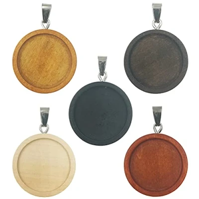 Image of DUGYIRS 50 Pieces Wooden Pendant Trays Round Blank Bezel Cabochon Bases Craft Bezels for DIY Crafting Jewelry Making Findings Fit 25mm Glass Dome Tiles