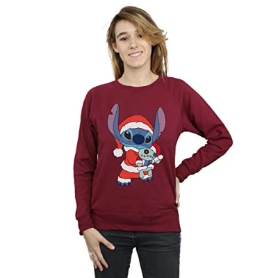 Image of Disney Women&#039;s Lilo and Stitch Christmas Sweatshirt Burgundy Large