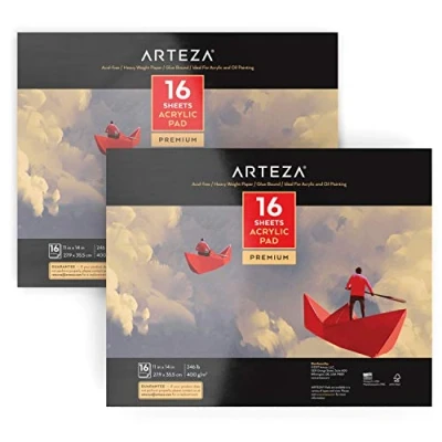 Image of Arteza Acrylic Paper Pad, 2 Pack, 27.9 x 35.5 cm, 16 Sheets per Glue Bound, 400gsm, Art Supplies for and Oil Painting, White