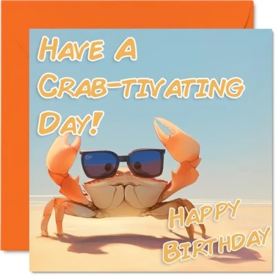 Image of Funny Birthday Cards for Women Men Cool Crab Sunglasses Happy Card Mum Dad Brother Sister Uncle Auntie Cousin Grandad Nanny Friend 145mm x Joke Pun Greeting