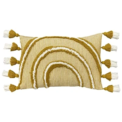 Image of furn. Rainbow Cotton Tuft Double Tassel Filled Cushion Yellow One Size