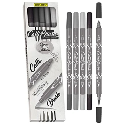 Image of Online Calligraphy Brush Pens Grey I Dual Tip with Nib and Brush, Set Watercolours, Waterbased Calli.Brush DIY Handlettering Painting Gift Cards Bullet Journal