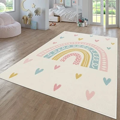 Image of TT Home Nursery Area Rug Kids For Bedroom Girls Boys Modern Rainbow Cloud Animal Motif Colourful, colour:Cream4, Size:133 cm Square