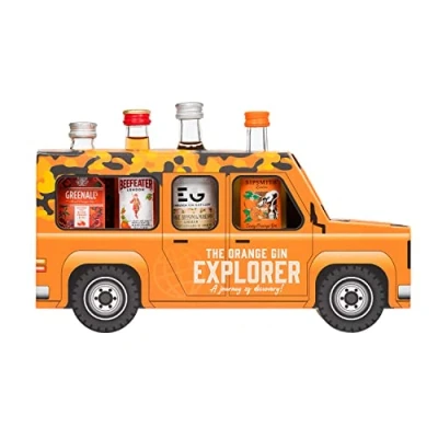 Image of The Orange Gin Explorer Jeep Gift Box includes 4 flavoured 5cl Gins Novelty Set by Blue Tree Gifts