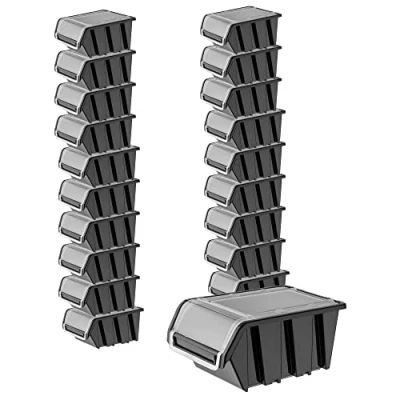 Image of KADAX Stacking Boxes, Plastic Tool Organiser with Lids, Durable Storage Containers for Screws, Workshop Display Bins (Black, Set of 20, 195 x 120 mm)