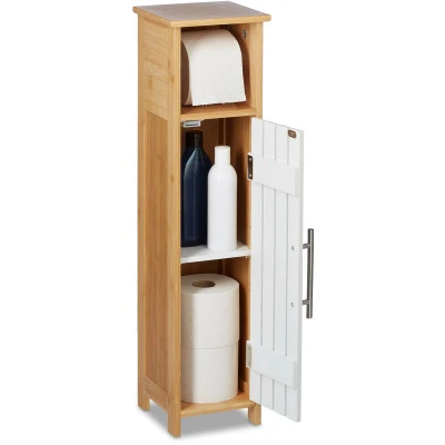 Image of Relaxdays Bathroom Cabinet, Toilet Roll Holder, Free standing, Wooden, Storage, Cupboard, HxWxD: 71x18x20cm, Brown/White, Bamboo, Fibreboard, 71 x 18 20 cm