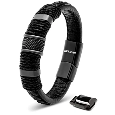 Image of SERASAR Leather Wrist Band 23cm Black Bracelet Men Gift Box Genuine Braided Adjust Able Magnetic Clasp Multi Layer Wrap Rope Man Mans Male Mens Bracelets Jewelry Magnet Accessories