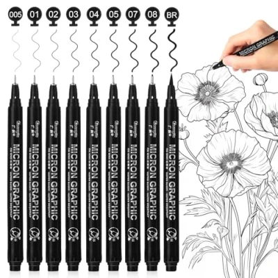 Image of Surcotto Black Fineliner Pens, Pigment Pens Drawing for Art Sketching, Drawing, Technical Illustration, Comic Set of 9