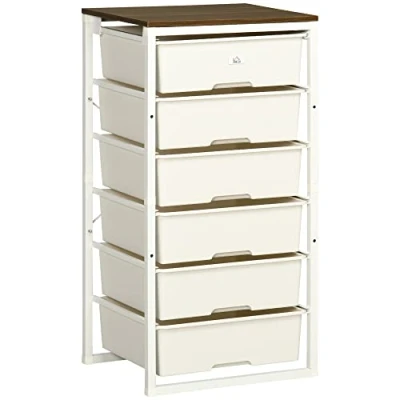 Image of HOMCOM Bedroom Chest of Drawers, 6 Drawer Dresser, Tall Storage Unit with Steel Frame for Living Room, White