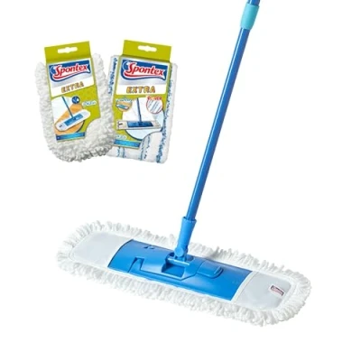Image of Spontex Extra Flat Mop Versatile Microfibre for Wet &amp; Dry Adjustable Length (80 140cm) Cleans Laminate, Wood Tile Flooring 2 x Heads Refills