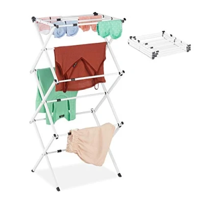 Image of Relaxdays Laundry Stand, Foldable &amp; Extendable Tower, 11 Rails, Space Saving Clothes Drying Rack, Metal, White, Plastic, Pack of 1