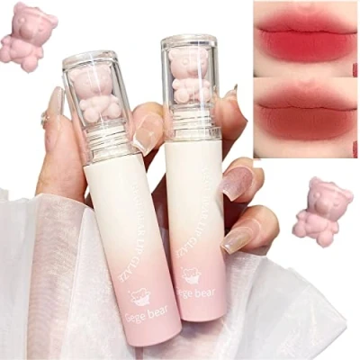 Image of 2Pcs Pink Bear Lip Glaze Matte Liquid Lipstick Cute Velvet Lipgloss Moisturizing Stain Waterproof Long Lasting Nude Brown Red Mud Cheek