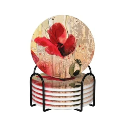 Image of Coasters,Ceramics Coasters with Holder Stand Drink Coasters,Mugs Pad Cups Mat Set of 6,Red Poppy Flower Beige Floral