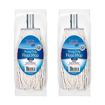 Image of Homeshopa Mop Heads Replacement, Cotton with Metal Push in Socket, Super Absorbent Refill Head, Heavy Duty for All Around Floor Cleaning (Size 12, Pack of 2)