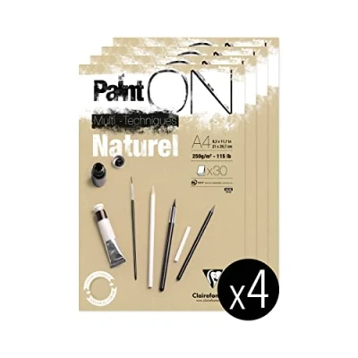 Image of Clairefontaine 96540C A glued pad of Paint&#039;On drawing paper 30 sheets 21x29.7 cm 250g, Natural Pack 4 pads