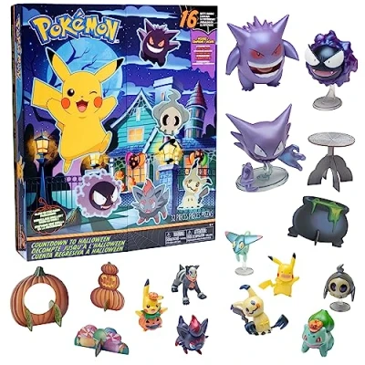 Image of Jazwares Pokémon Halloween Countdown Advent Calendar for , 16 Piece Gift Playset Set Includes Pikachu, Bulbasaur, Bulbasaur and More 11 Toy Character Figures &amp; 5 Accessories Ages 4+