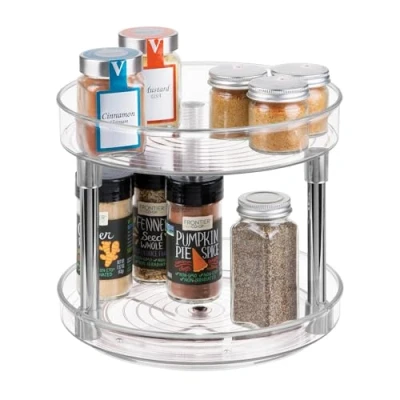 Image of iDesign Rotatable Spice Rack with 2 Tiers, Small Plastic Kitchen Cupboard Storage for Spices and Condiments, Rotating Jars Holder Pantry, Clear
