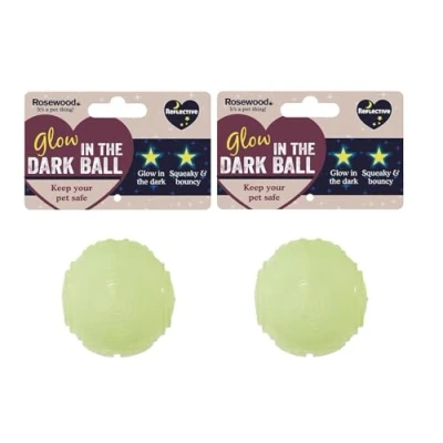Image of 2 PACK ROSEWOOD GLOW IN THE DARK BALL DOG PUPPY SQUEAKY BOUNCY RUBBER 7CM