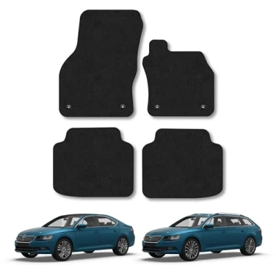 Image of Car Mats Compatible with Skoda Superb (2015+) Tailored Fit Black Carpet Floor Set Accessory Custom 4 Pieces Anti Slip Backing &amp; Binding Trim Edge