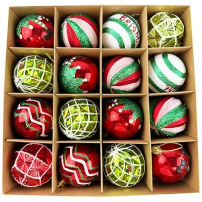 Image of 16 PCS Christmas Baubles for Tree Decorations 6CM Glitter Ornaments Balls Hanging Bauble Set Pendants, Red Green White