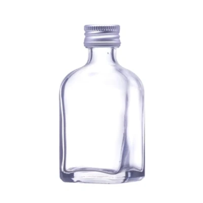 Image of 70 X Mini/Miniature square glass bottles (50ml) with gold caps. Perfect for small gifts of spirits, homemade drinks or as wedding favours (Silver Lid, Pack 70)